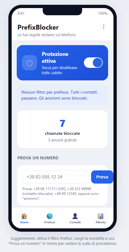 PrefixBlocker Android app showing the home screen with the main blocking switch and stats