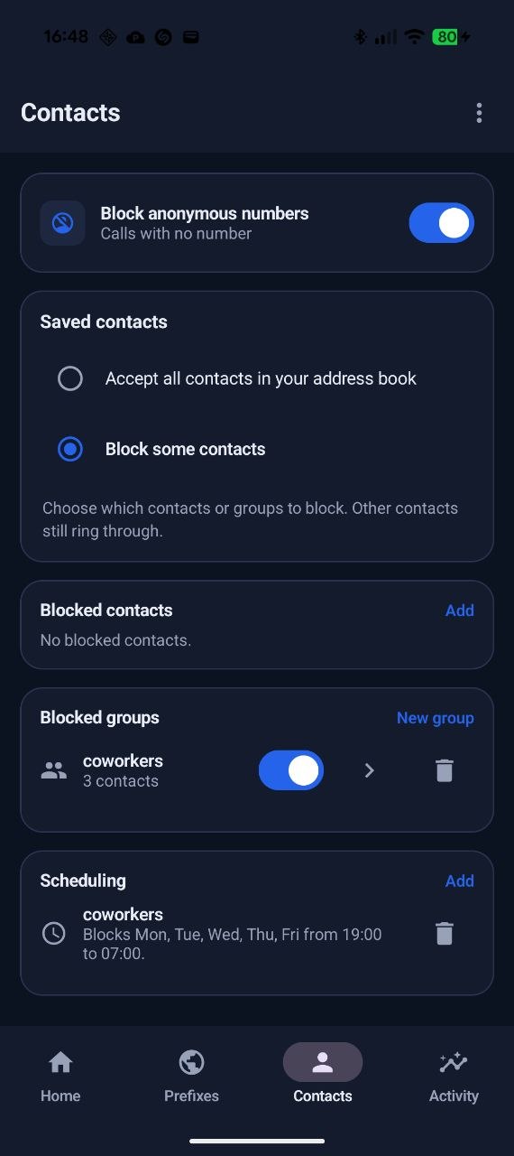 PrefixBlocker Android app: Contacts screen with blocked contacts and groups