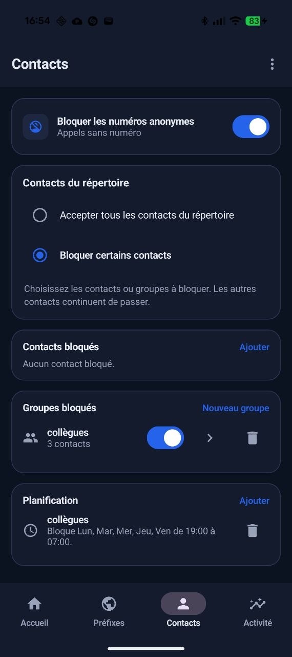 Application Android PrefixBlocker : ecran Contacts avec contacts bloques et groupes