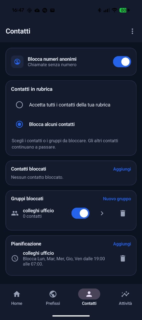 App Android PrefixBlocker: schermata Contatti con contatti bloccati e gruppi