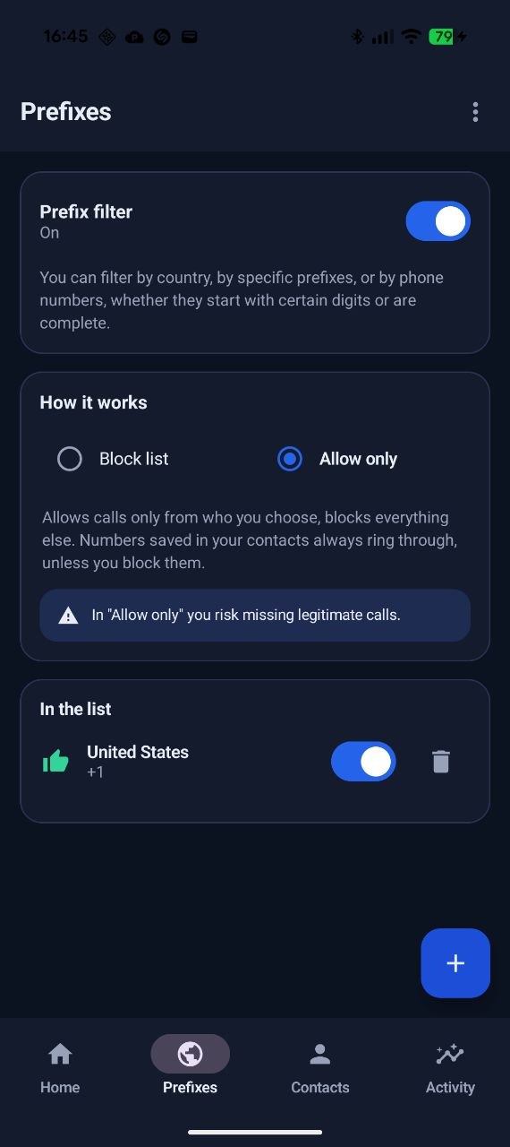 PrefixBlocker Android app: Prefixes screen with the prefix filter and the blocking modes