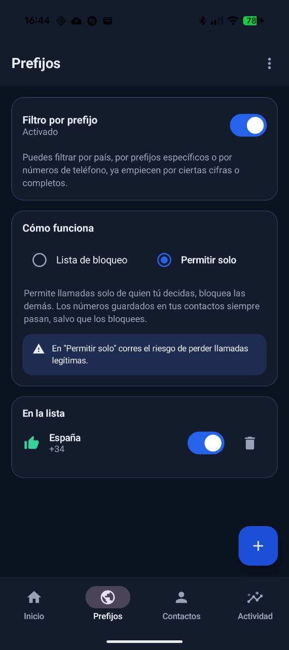 App Android PrefixBlocker: pantalla Prefijos con el filtro por prefijo y los modos de bloqueo