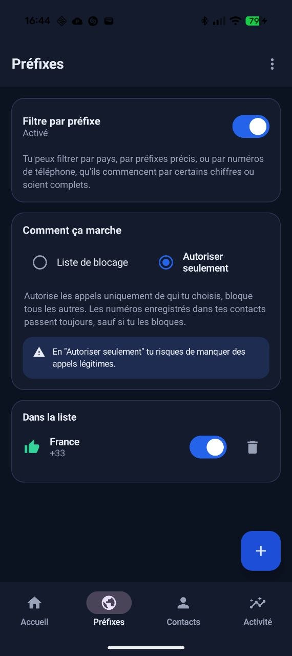 Application Android PrefixBlocker : ecran Prefixes avec le filtre par prefixe et les modes de blocage