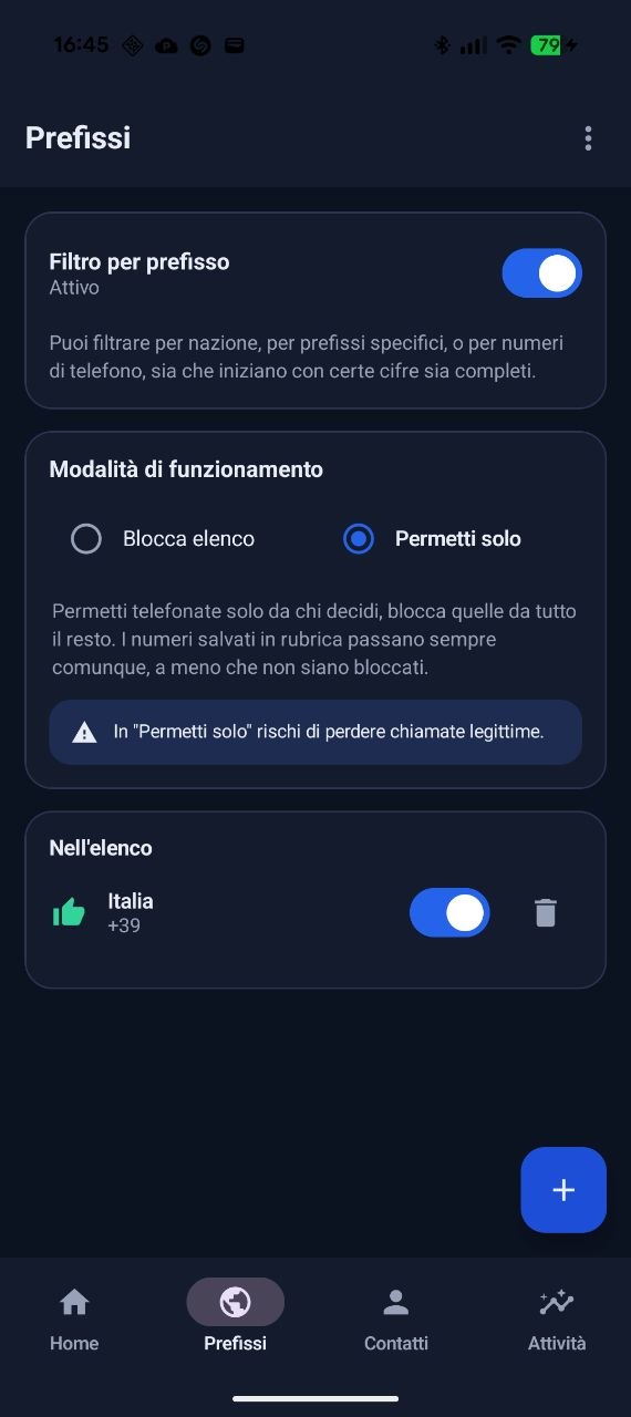App Android PrefixBlocker: schermata Prefissi con il filtro per prefisso e le modalità di blocco